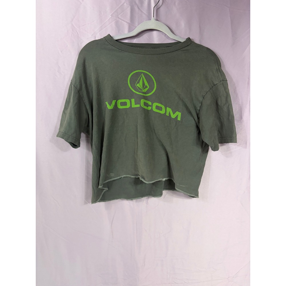 Volcom Upcycled Cropped Graphic Tee Olive Green Lime Logo Shirt Medium